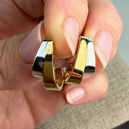 14k Solid Two-tone Sculptural C-Hoop Earrings, 1.69 g