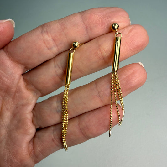 14k Solid Yellow Gold Ball Chain Tassel Dangle Earrings, 2.15 g
