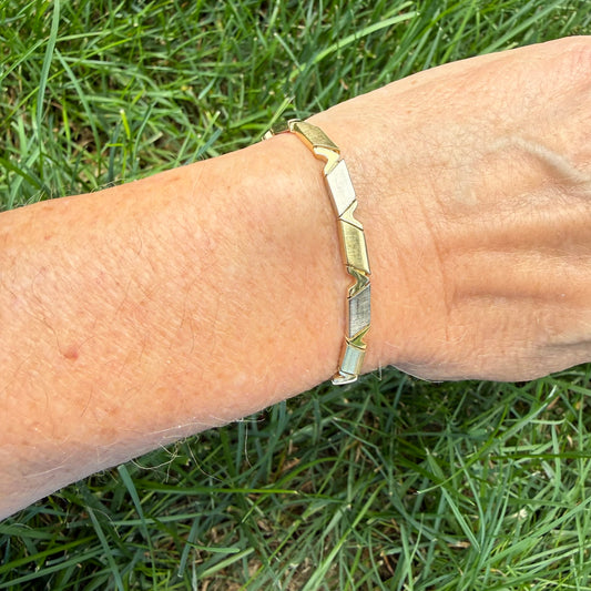 7" Solid 14K Yellow Gold Two-Tone Geometric Link Bracelet, 15.26 grams