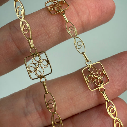 27" Solid 14K Yellow Gold Victorian-inspired Filigree Station Chain, 7.87 g
