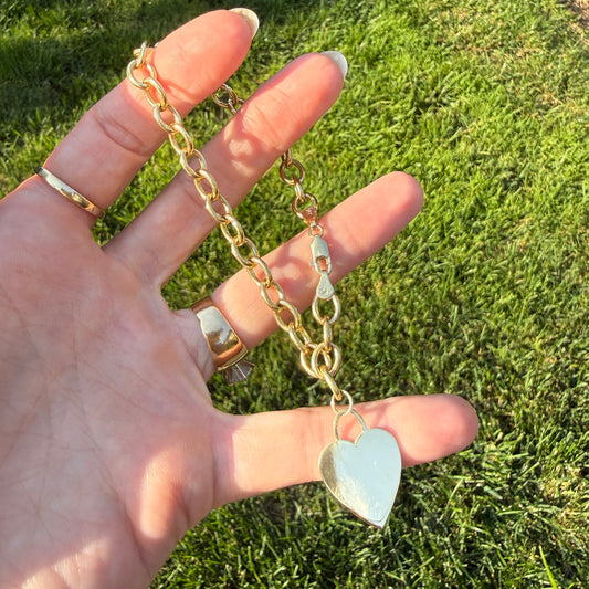 7.25+" Solid 14k Yellow Gold Oval Link Bracelet with Heart Charm Bracelet, 6.28 g