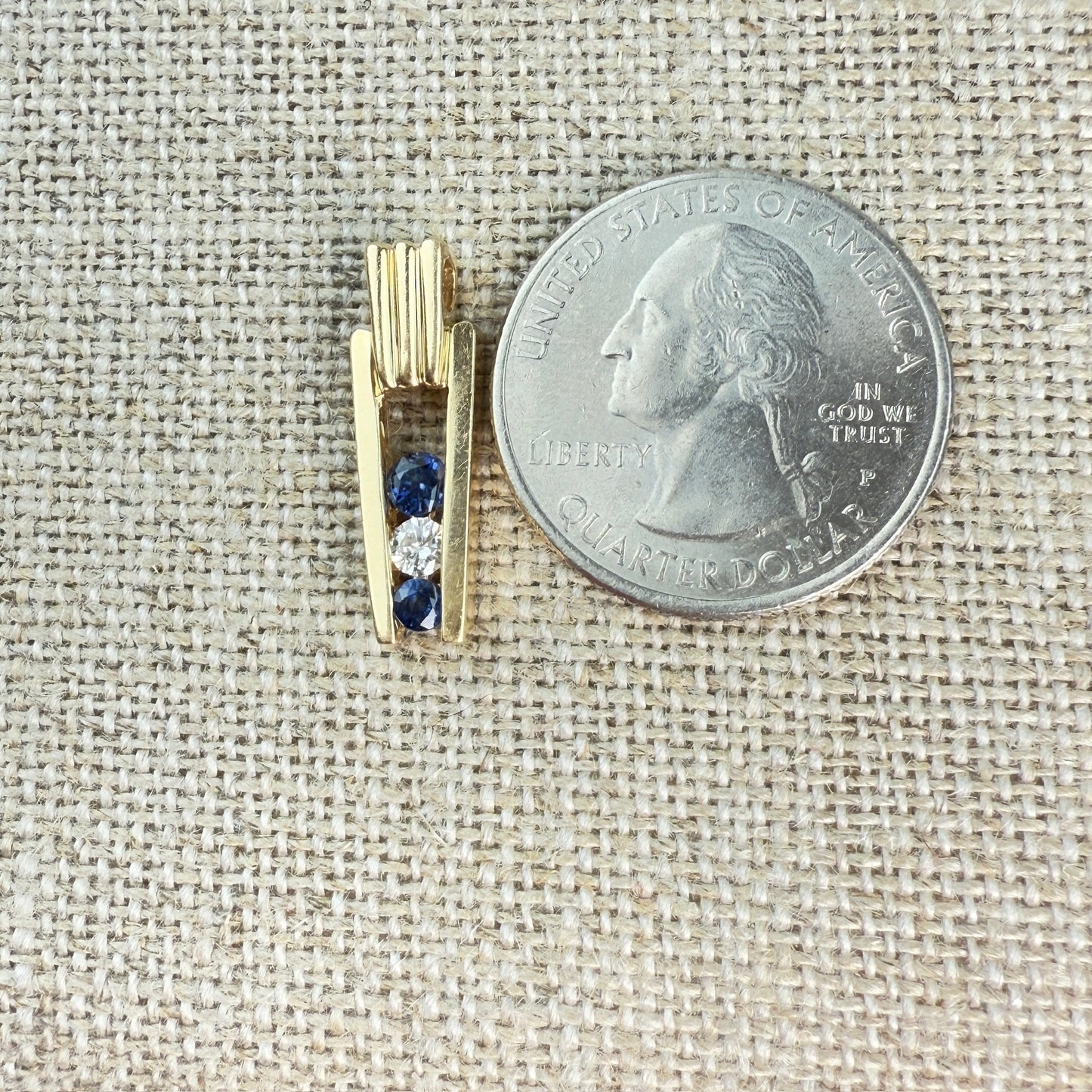 Solid 14K Yellow Gold Art Deco Style Sapphire and Diamond Pendant, 2.20 grams