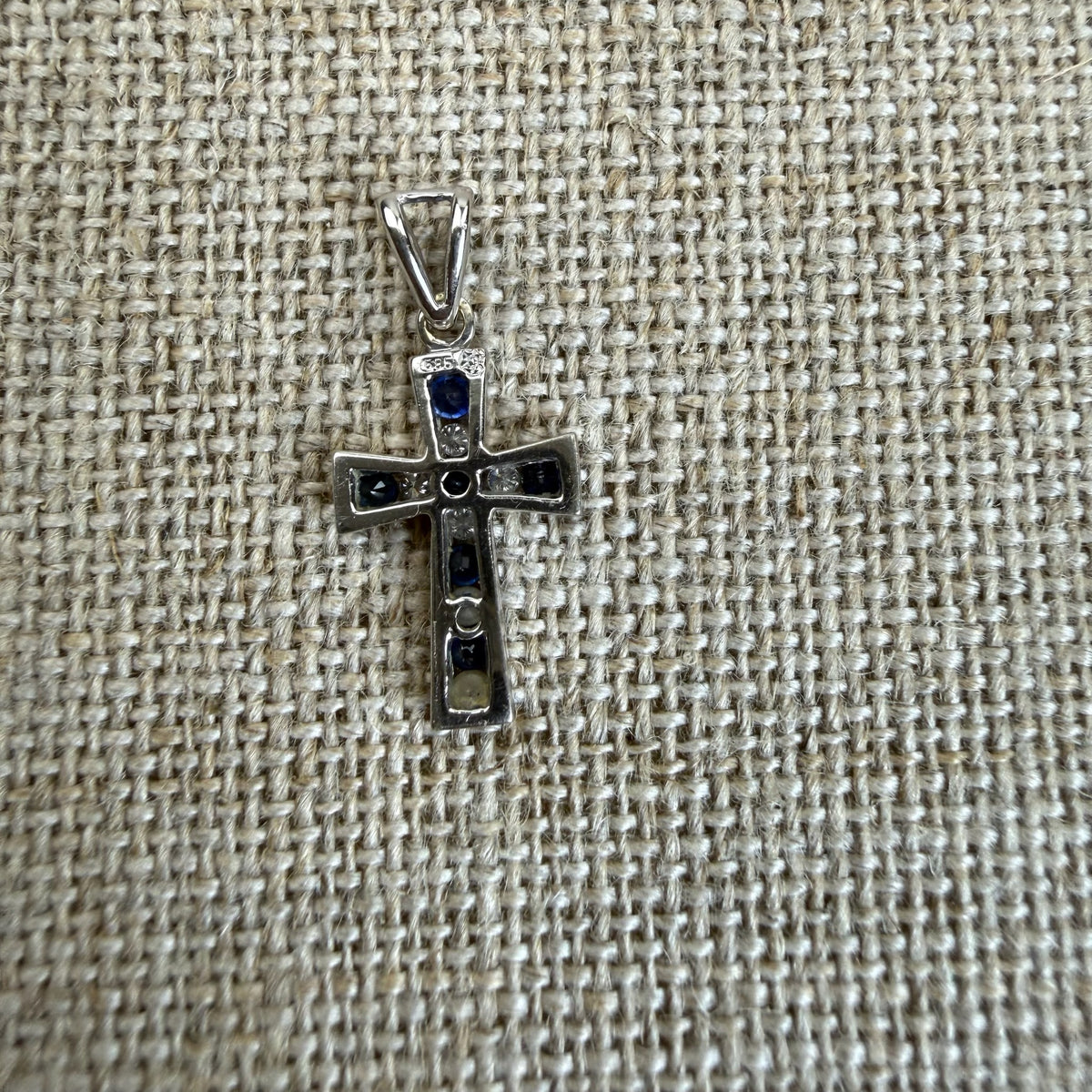 Solid 14K White Gold Diamond and Sapphire Cross — 1.21 grams
