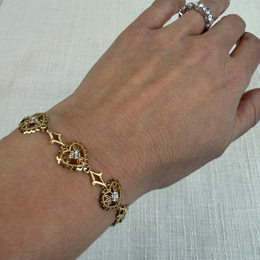 6.75" Solid 10K Two-tone Gold Filigree Heart Link Bracelet - 4.3 g