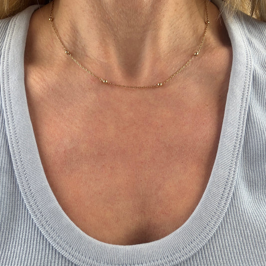 16" Satellite Beaded Station Necklace Solid 14K Yellow Gold 1.88 g