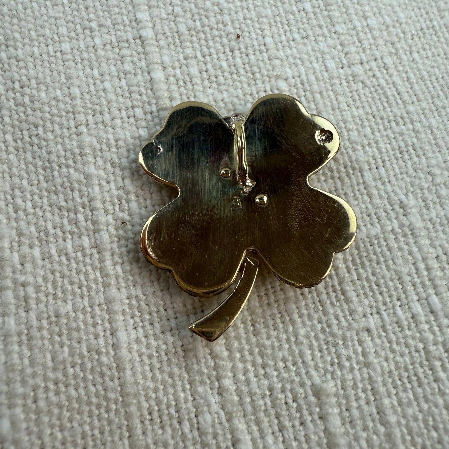 Vintage 14K Engine-turned Four-leaf Clover Pendant with Diamond, 6.93 grams