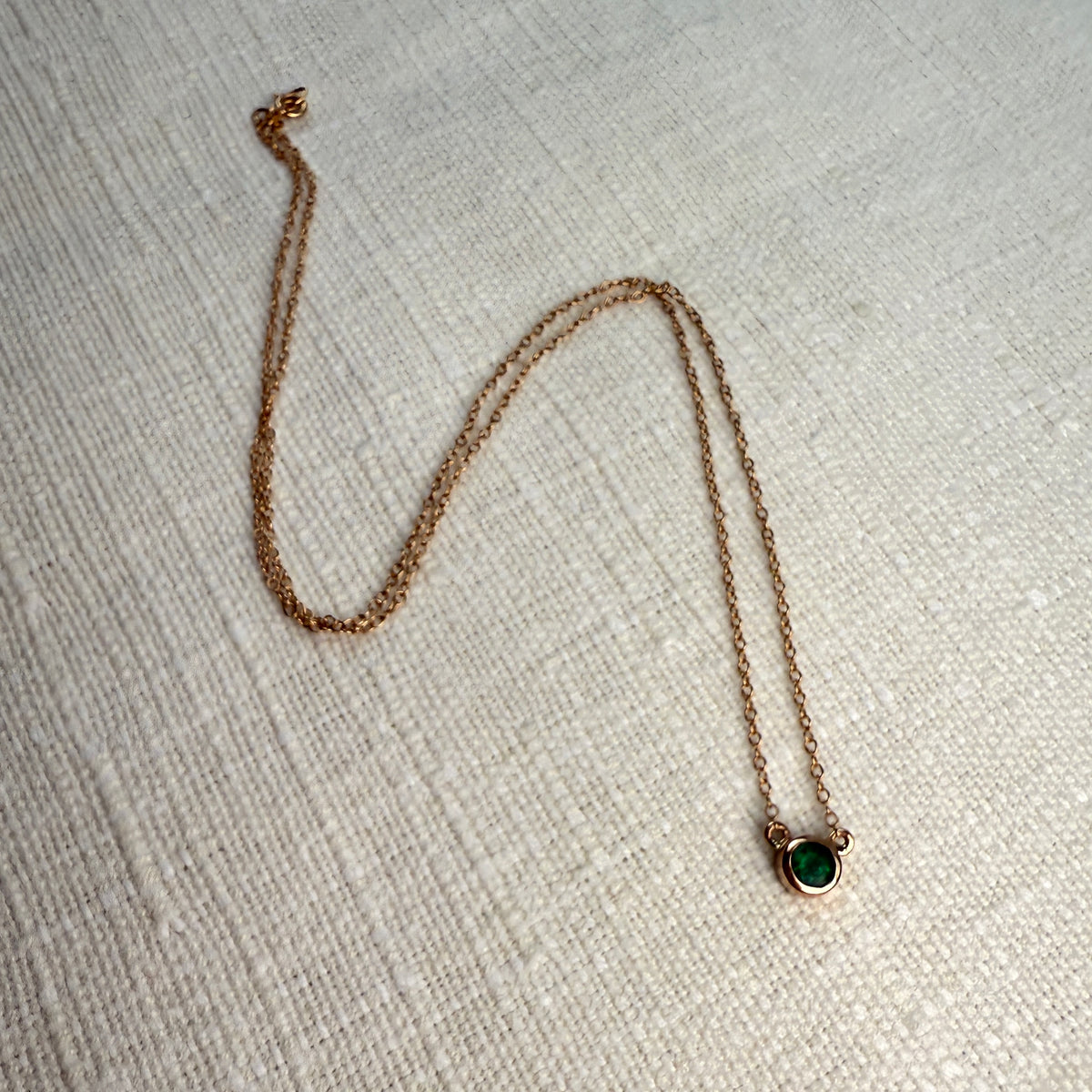 Estate 14K Solid Rose Gold Bezel Set Emerald Necklace, 16"