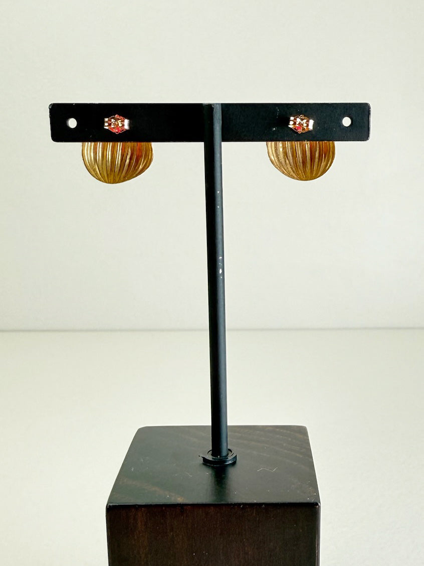 Retro Domed Lined Detail Post Earrings 14K Yellow Gold