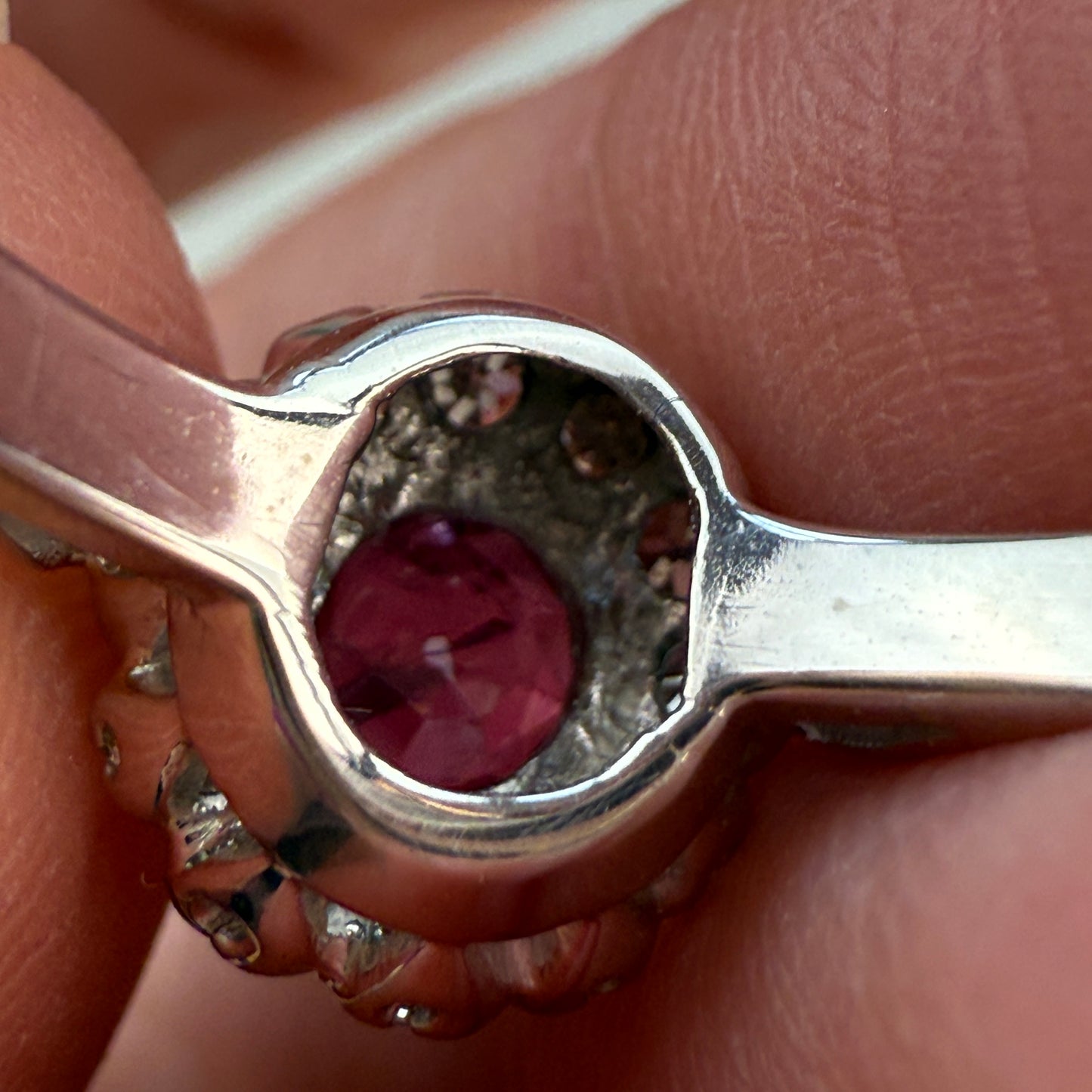 18K White Gold Ruby and Natural Diamond Cluster Ring Size 6