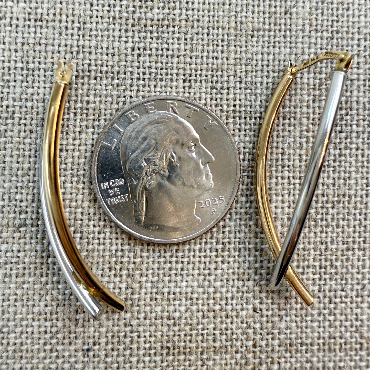 Two-Tone Reversible Elongated Linear Hoop Earrings 14K Yellow and White Gold