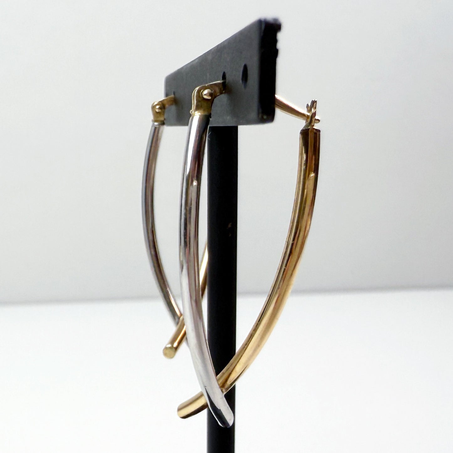 Two-Tone Reversible Elongated Linear Hoop Earrings 14K Yellow and White Gold