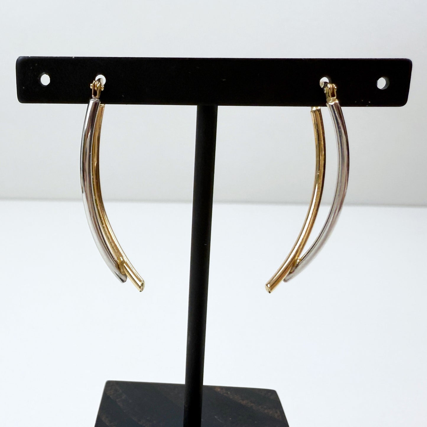 Two-Tone Reversible Elongated Linear Hoop Earrings 14K Yellow and White Gold