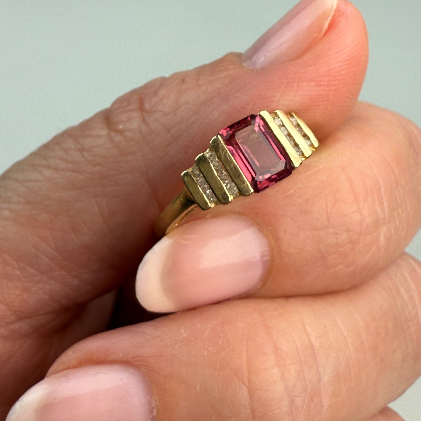 Solid 10K Yellow Gold Vintage Pink Tourmaline and Diamond Ring, Size 7