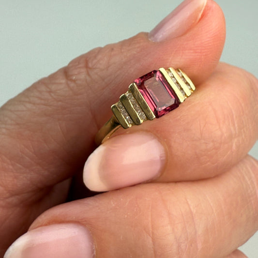 Solid 10K Yellow Gold Vintage Pink Tourmaline and Diamond Ring, Size 7