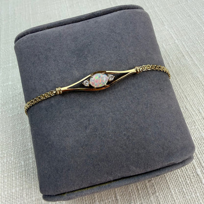 5.5-5.75" Solid 14K Yellow Gold Opal and Diamond&nbsp; Bracelet, 3.57 g