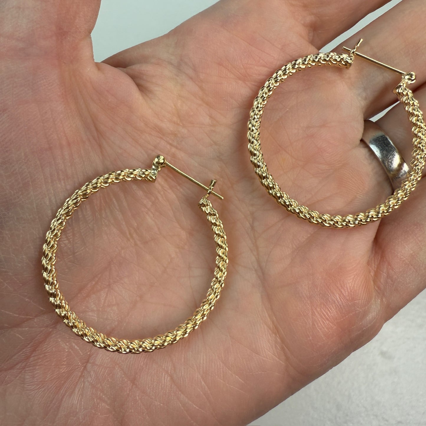 14K Solid Yellow Gold Mid-to-Large Size Rope Hoop Earrings, 3.34 g