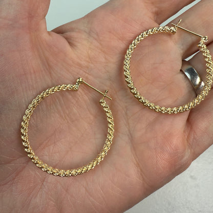 14K Solid Yellow Gold Mid-to-Large Size Rope Hoop Earrings, 3.34 g