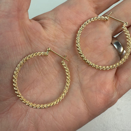 14K Solid Yellow Gold Mid-to-Large Size Rope Hoop Earrings, 3.34 g