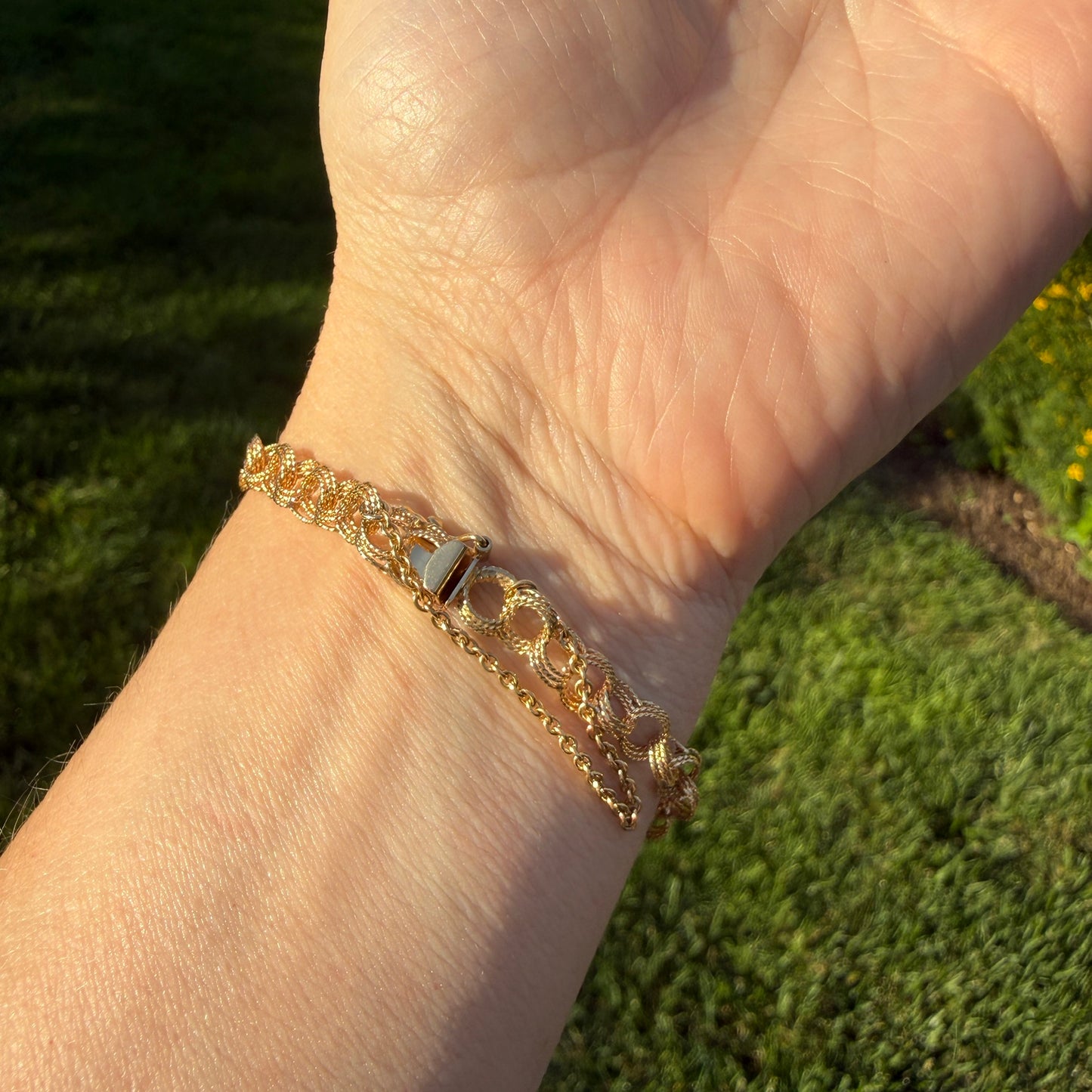 6.5" Vintage Solid 14K Yellow Gold Textured Triple Circle Link Bracelet, 5.58 g