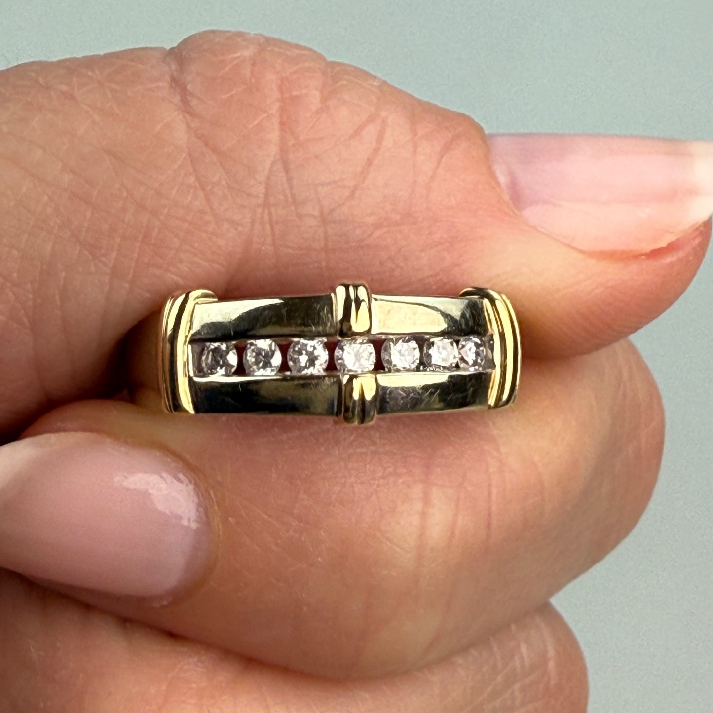 Solid 14K Yellow Gold Two-tone Linear Diamond Ring, Size 7.5