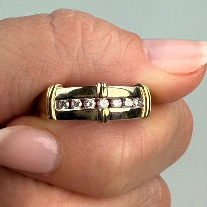 Solid 14K Yellow Gold Two-tone Linear Diamond Ring, Size 7.5