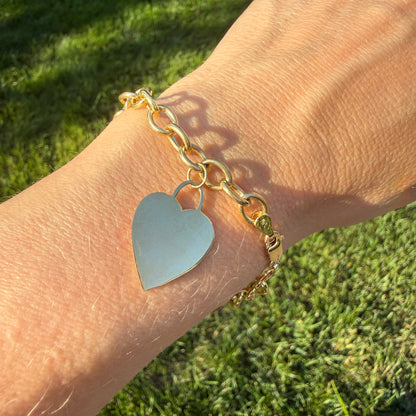 7.25+" Solid 14k Yellow Gold Oval Link Bracelet with Heart Charm Bracelet, 6.28 g