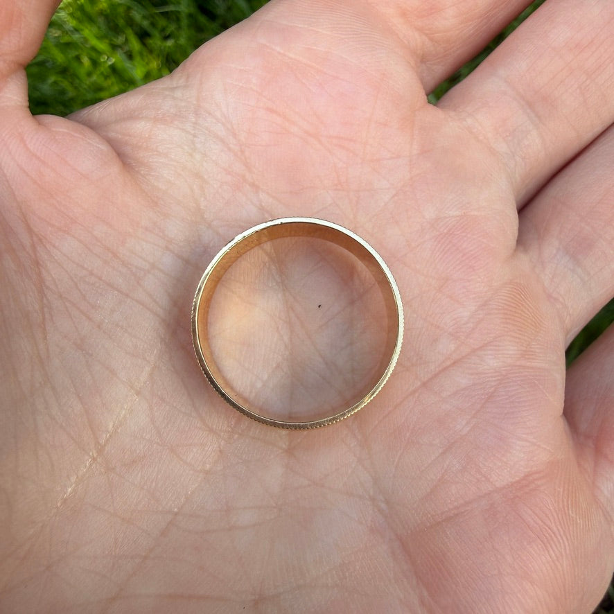 14K Solid Yellow Gold Wide Band Ring with Milgrain Edge 6.14mm, Size 7.75