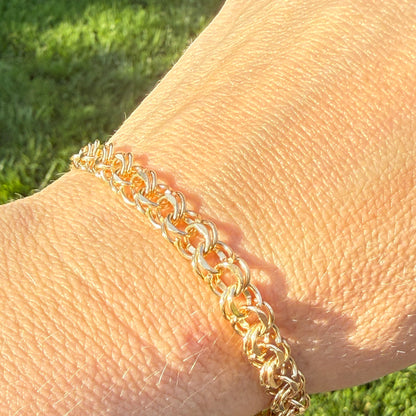 6.75+" Vintage Solid 14K Yellow Gold Faceted Double Circle Link Bracelet, 12.21 g