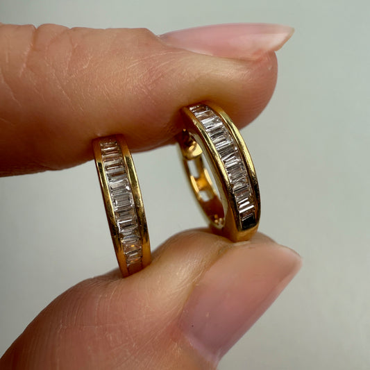 14k Solid Yellow Gold Baguette-cut Channel Set Diamond Huggies, 3.44 g