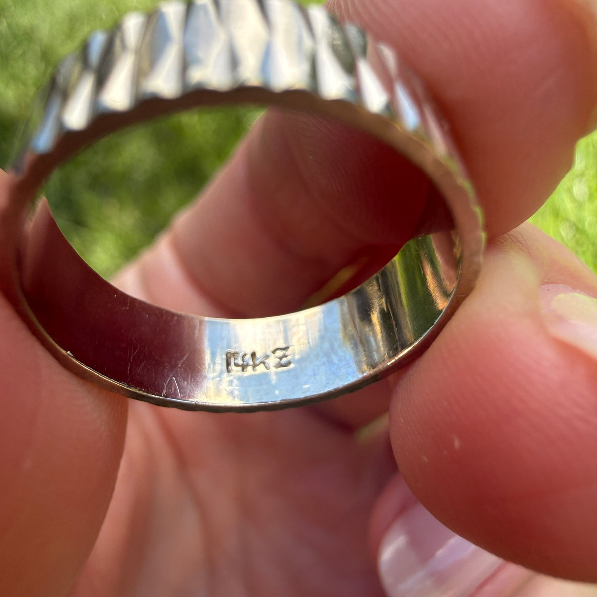 14K Solid White Gold Mid-century Textured Band Ring, Size 7.75