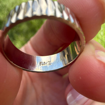 14K Solid White Gold Mid-century Textured Band Ring, Size 7.75