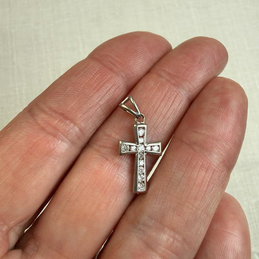 Solid 14K White Gold Diamond Cross, 1.25 grams