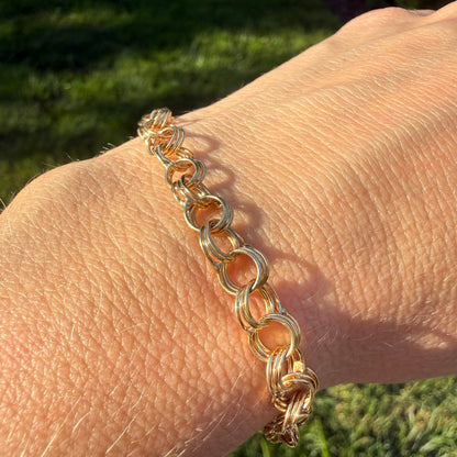 6.75" Vintage Solid 14K Yellow Gold Triple Circle Link Bracelet, 7.58 g