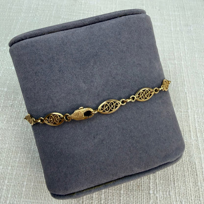 7" Vintage Solid 14K Yellow Gold Italian Oval Filigree Bracelet with Etched Clasp, 4 g