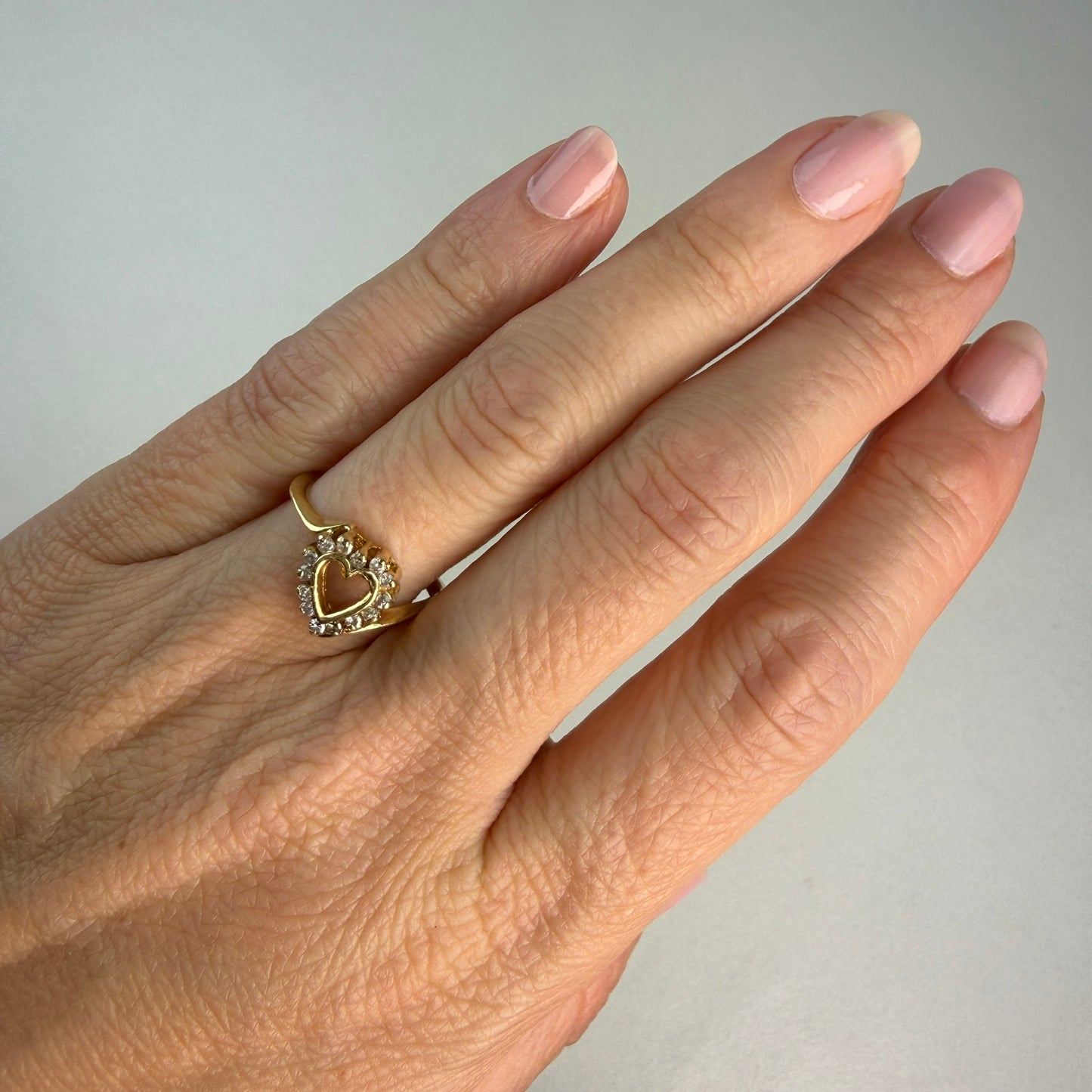Solid 14K Yellow Gold Diamond Open Heart Ring with Square Shank, Size 5.5