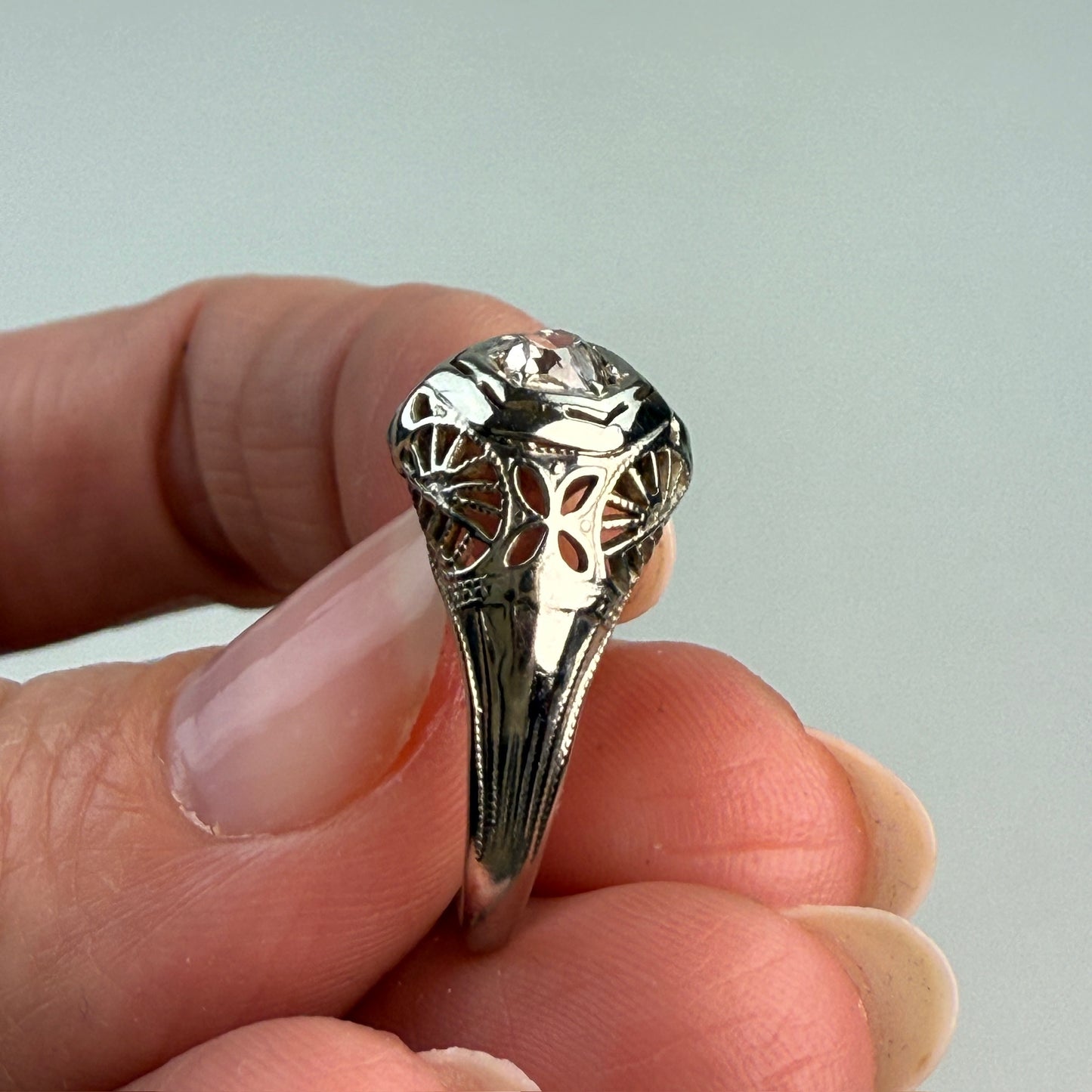 Vintage Solid 18K White Gold Art Deco Old Mine Cut Diamond Ring, Size 6.25