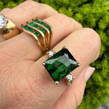 14K Natural Green Tourmaline (10.86 x 8.78) with diamonds Yellow Gold Statement Ring Size 8.25