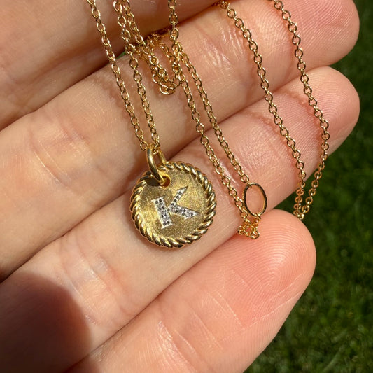 Estate David Yurman K Initial Disk Charm Necklace in 18K Yellow Gold with Pavé Diamonds