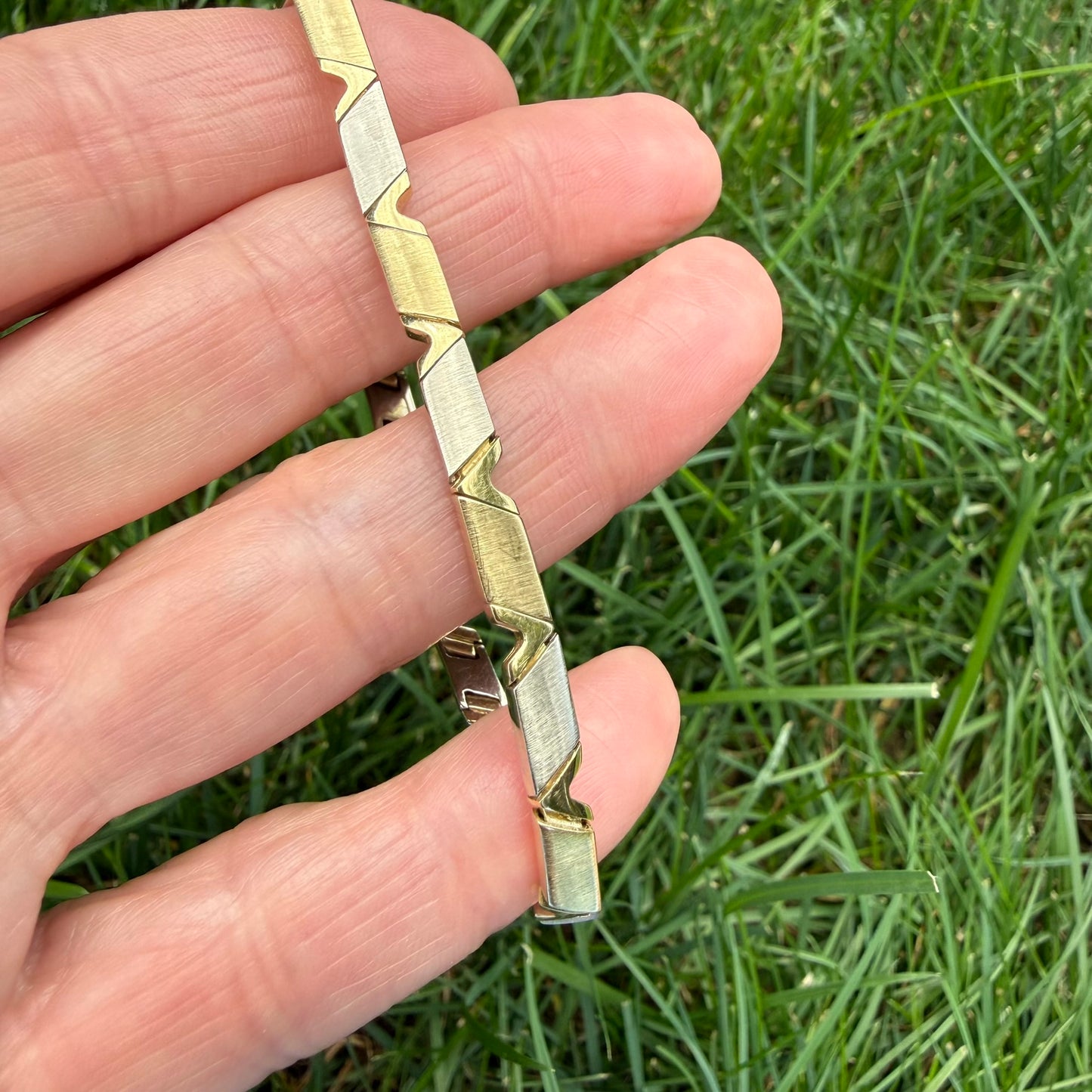 7" Solid 14K Yellow Gold Two-Tone Geometric Link Bracelet, 15.26 grams