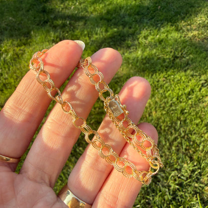 6.5" Vintage Solid 14K Yellow Gold Textured Triple Circle Link Bracelet, 5.58 g