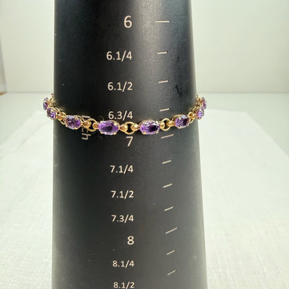 6.75" Solid 10K Yellow Gold Oval Amethyst Link Bracelet, 4.5g