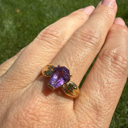 14K Solid Yellow Gold Geometric Amethyst and Gypsy Set Diamond Ring, Size 7.75