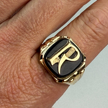 Vintage Solid 10K Yellow Gold and Onyx "R" Signet Ring, Size 10