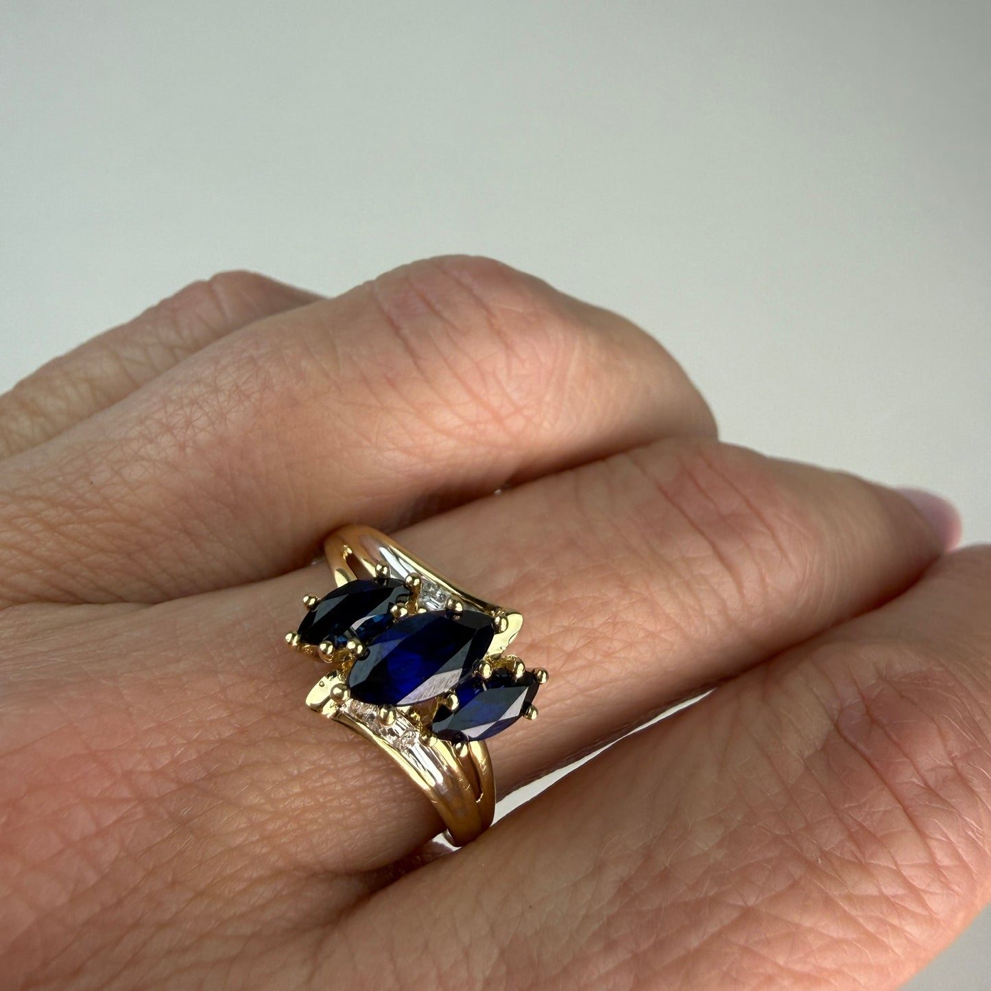 Solid 10k Yellow Gold Three-Stone Marquise Sapphire and Diamond Ring, Size 7.75