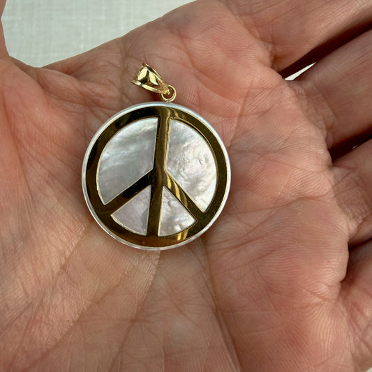 Solid 14K Yellow Gold and Mother of Pearl Peace Sign Pendant, 3.70 grams