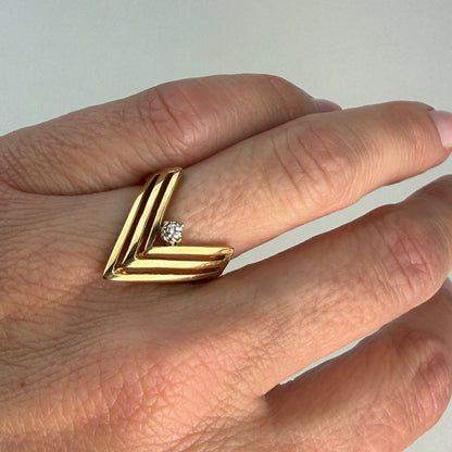 10K Solid Yellow Gold Chevron Diamond Accent Ring, Size 5.25
