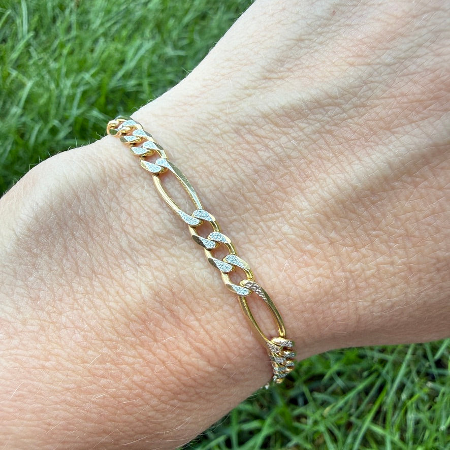 6.75" Italian Solid 14K Yellow & White Gold Faceted Figaro Bracelet, 6.37g