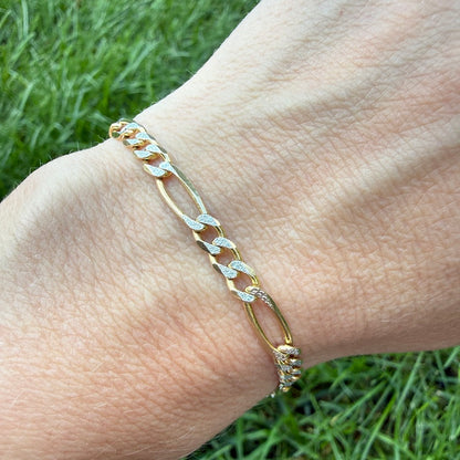 6.75" Italian Solid 14K Yellow & White Gold Faceted Figaro Bracelet, 6.37g