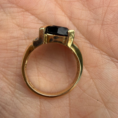 10K Solid Yellow Gold Faceted Black Onyx with 5 Diamond Ring, Size 6