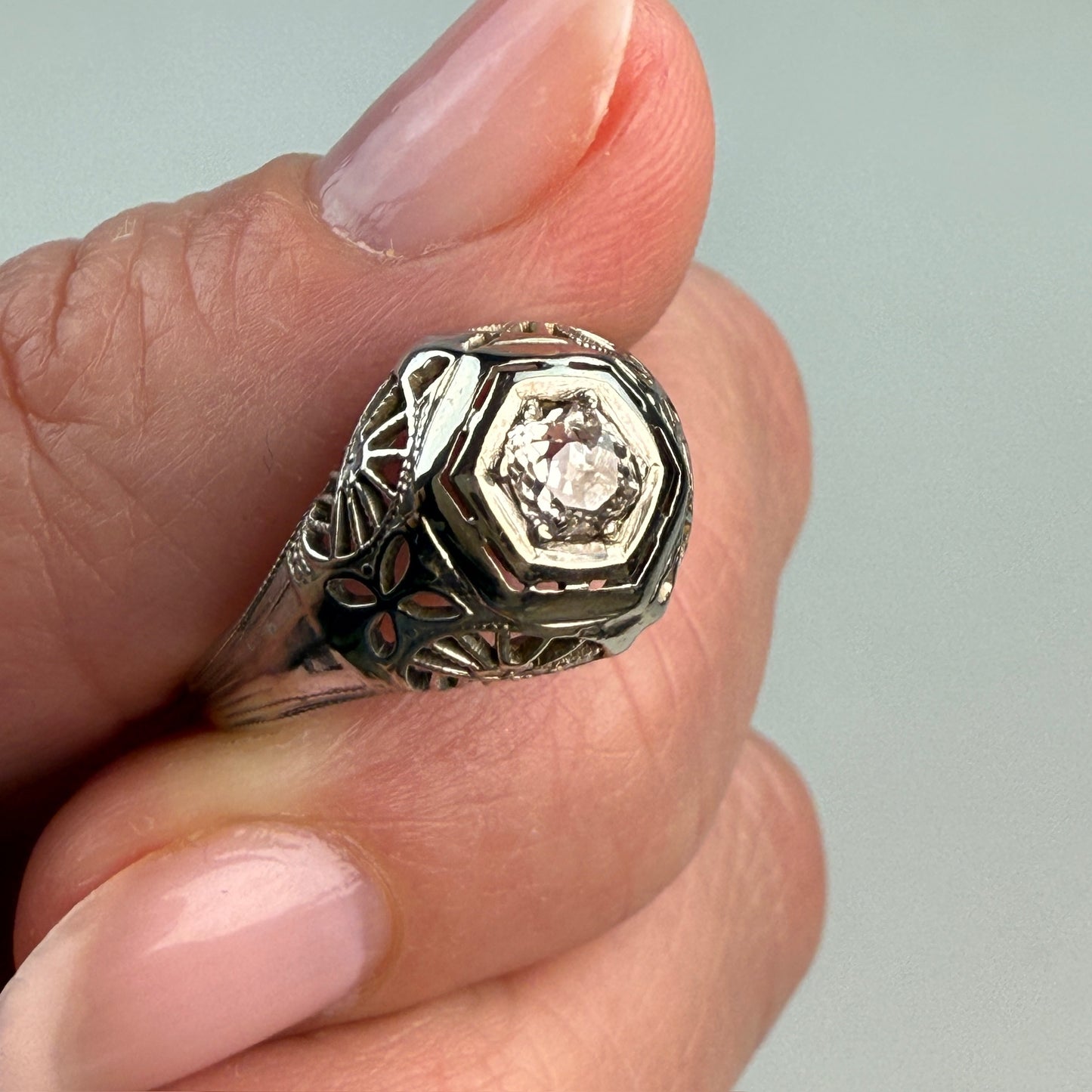 Vintage Solid 18K White Gold Art Deco Old Mine Cut Diamond Ring, Size 6.25
